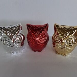 Set of 4 Metallic Owl Coin Banks Red Silver Gold Ceramic Greenbrier 4"